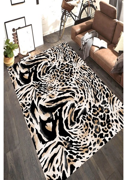 Kaymaz Taban Yıkanabilir Dalgalı Leopar Desenli Halı