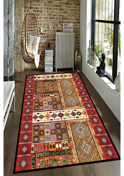 Kaymaz Taban Yıkanabilir Çerçeve Kilim Desenli Halı