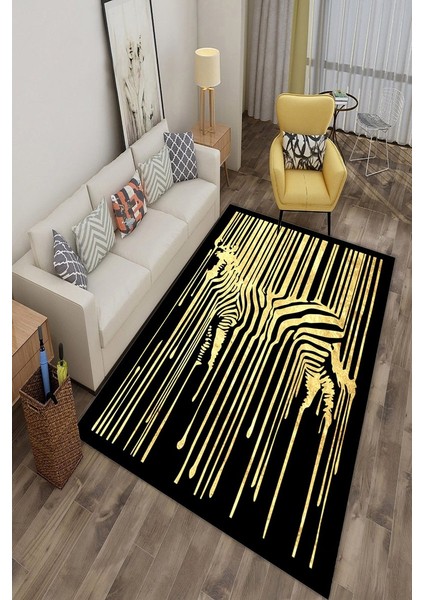 Kaymaz Taban Yıkanabilir Siyah Altın Zebra Desenli Halı