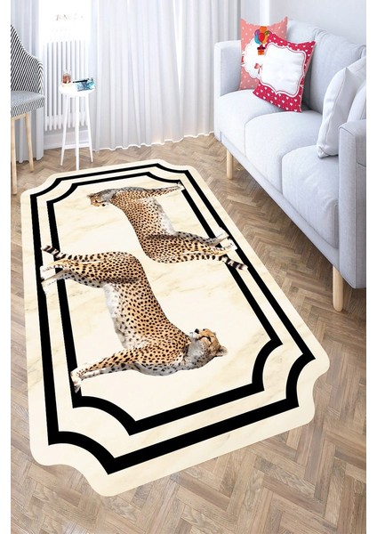 Kaymaz Taban Yıkanabilir Çerçeve Detay Leopar Desenli Halı