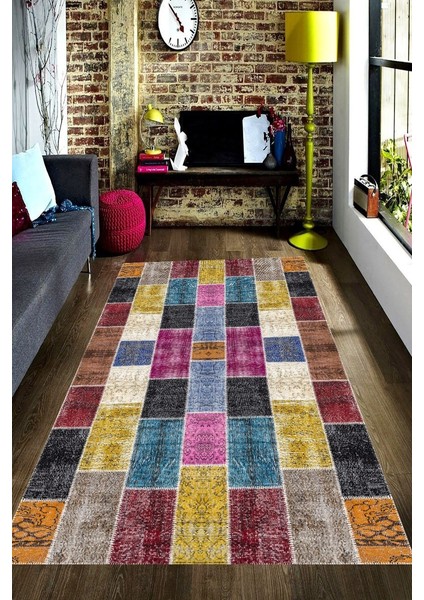 Kaymaz Taban Yıkanabilir Etching Renkli Eskitme Halı