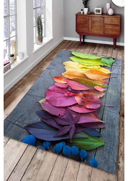 Kaymaz Taban Yıkanabilir Soft Renkli Yaprak Elementleri Halı