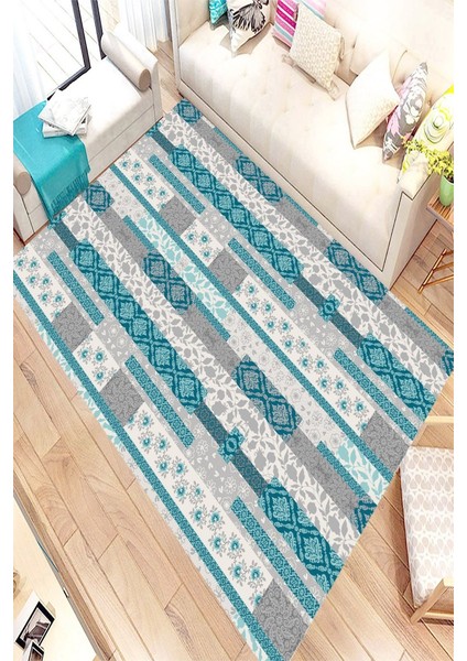 Kaymaz Taban Yıkanabilir Mavi Beyaz Modern Etnik Tasarımlı Halı