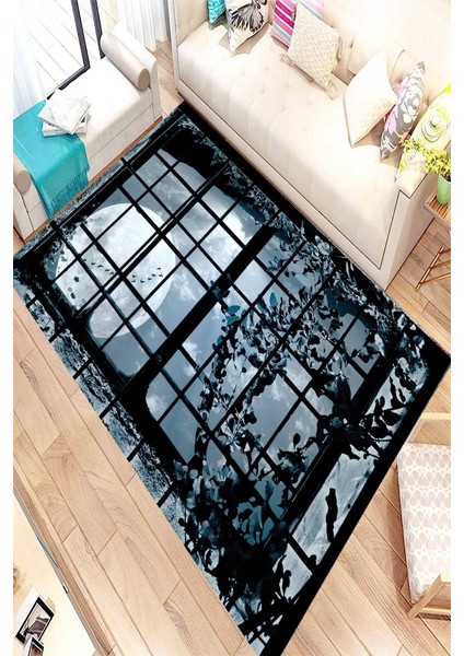 Kaymaz Taban Yıkanabilir Pencerede Dolunay Desenli Halı