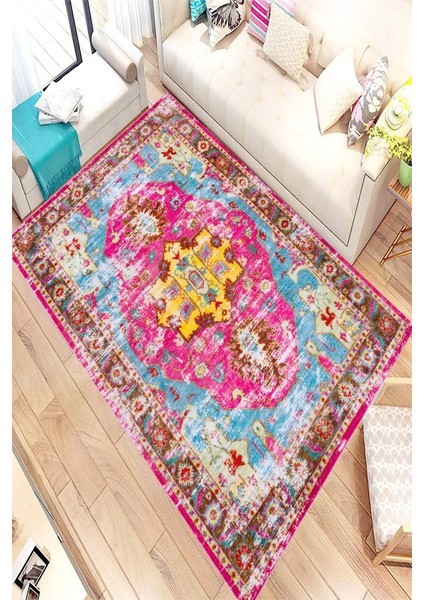 Kaymaz Taban Yıkanabilir Retro Renkler Kilim Desenli Halı