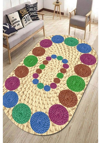 Kaymaz Taban Yıkanabilir Oval Hasır Çerçeve Desenli Halı