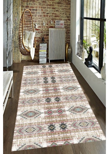 Kaymaz Taban Yıkanabilir Eskitme Metraj Kilim Desenli Halı