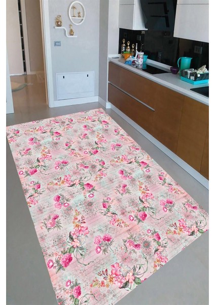 Kaymaz Taban Yıkanabilir Pembe Karanfil Desenli Mutfak Halısı