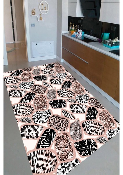 Kaymaz Taban Yıkanabilir Pembe Çerçeve Leopar ve Zebra Desenli Mutfak Halısı