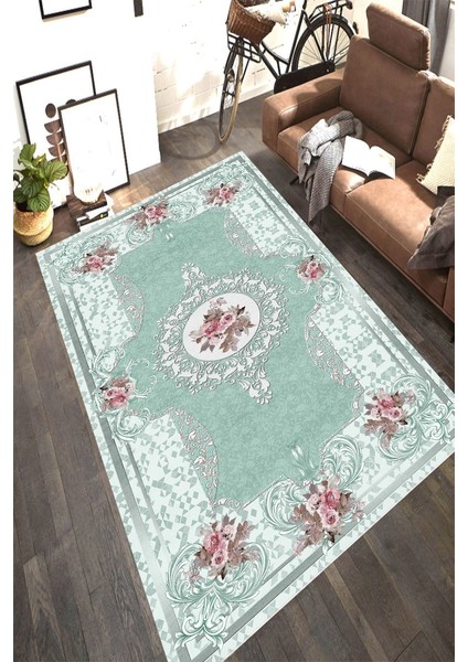 Kaymaz Taban Yıkanabilir Su Yeşili Motif Desenli Halı