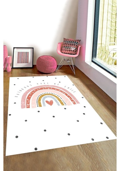 Kaymaz Taban Yıkanabilir Beyaz Zemin Gökkuşağı Desenli Çocuk Halısı