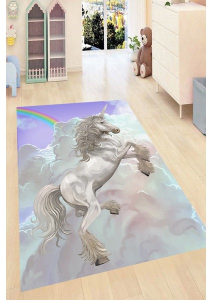 Gökkuşağı ve Unicorn Kaymaz Taban Yıkanabilir Dijital Baskı Çocuk Halısı