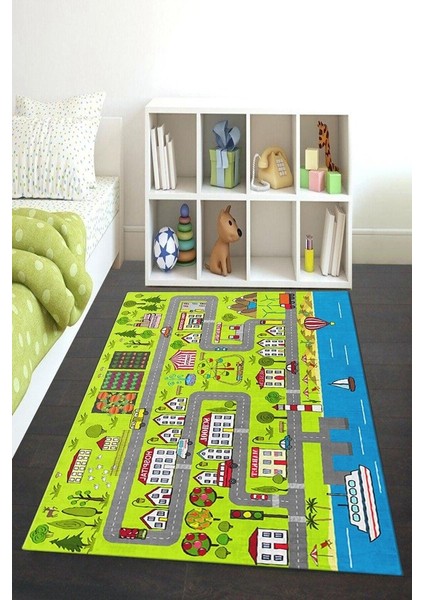 Kaymaz Taban Yıkanabilir Eğlenceli Şehir Oyunu Desenli Çocuk Halısı