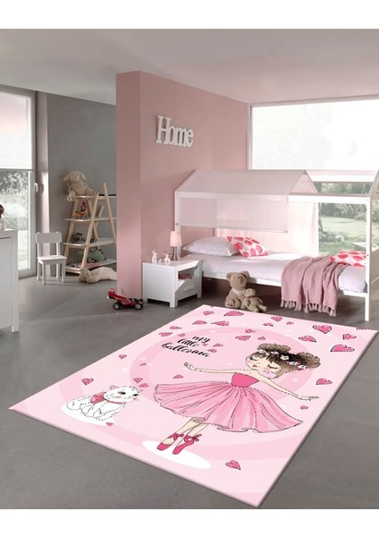 Kaymaz Taban Yıkanabilir Pembe Balerin ve Kedi Desenli Çocuk Halısı
