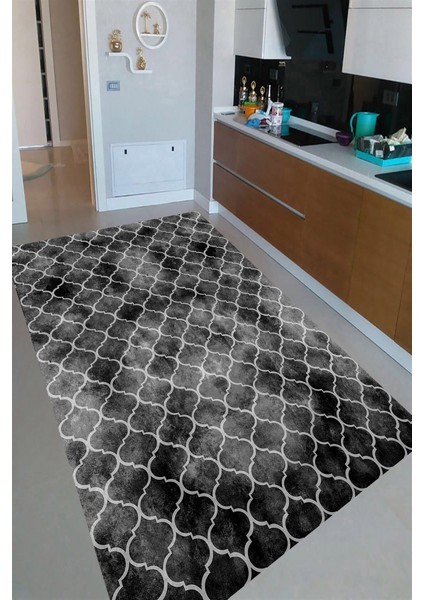 Kaymaz Taban Yıkanabilir Gri Modern Vektörel Desenli Mutfak Halısı