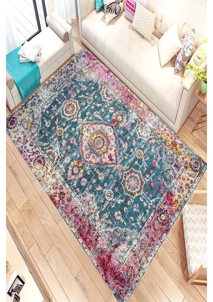 Kaymaz Taban Yıkanabilir Mavi Eskitme Desenli Halı