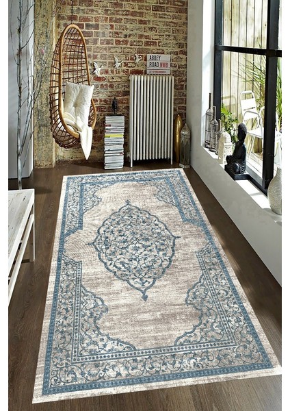 Kaymaz Taban Yıkanabilir Mat Lacivert Eskitme Desenli Halı
