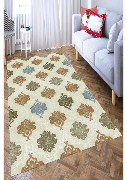 Kaymaz Taban Yıkanabilir Haki Motif Desenli Halı