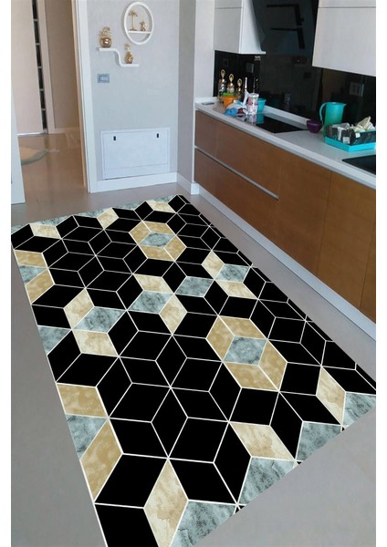 Kaymaz Taban Yıkanabilir 3D Mavi Siyah Küpler Mutfak Halısı