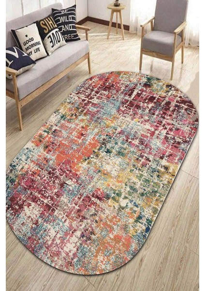 Kaymaz Taban Yıkanabilir Oval Pastel Eskitme Desenli Halı