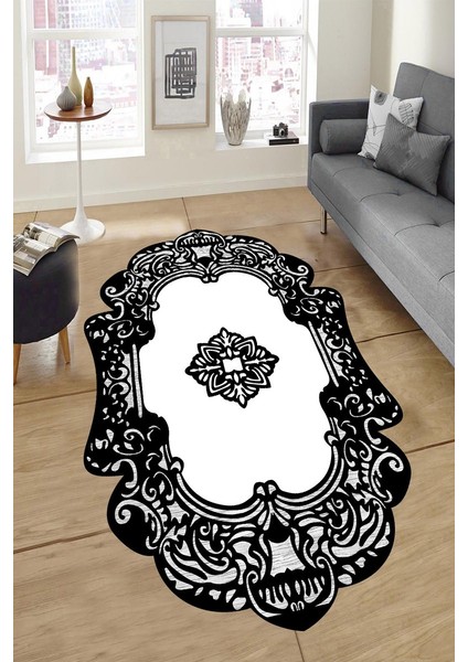 Kaymaz Taban Yıkanabilir Siyah Beyaz Modern Dekoratif Desenli Halı