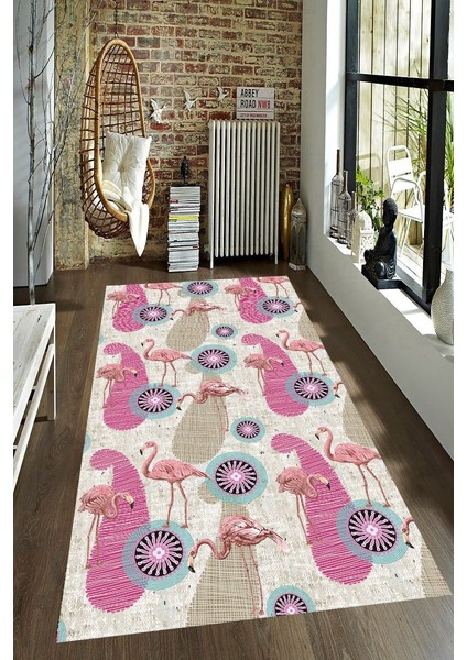 Kaymaz Taban Yıkanabilir Pembe Flamingo Tasarımlı Halı