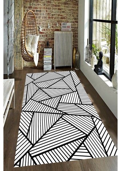 Kaymaz Taban Yıkanabilir Geometrik Çizgi Tasarımlı Halı