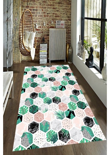 Kaymaz Taban Yıkanabilir Geometrik Desen Yeşil Yaprak Halı