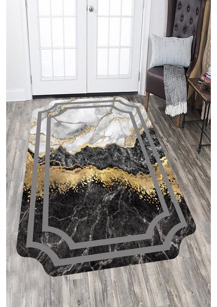 Kaymaz Taban Yıkanabilir Gold Geçişli Dekoratif Çerçeve Mermer Desenli Halı