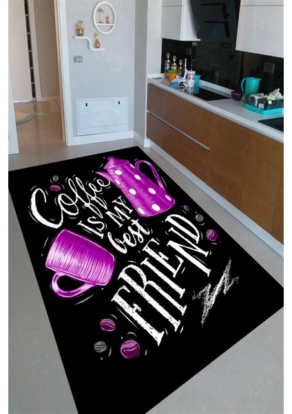 Kaymaz Taban Yıkanabilir Mor Fincan Kahve Desenli Mutfak Halısı