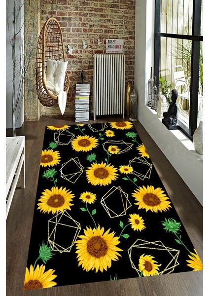 Kaymaz Taban Yıkanabilir 3D Siyah Zemin Ayçiçek Desenli Halı