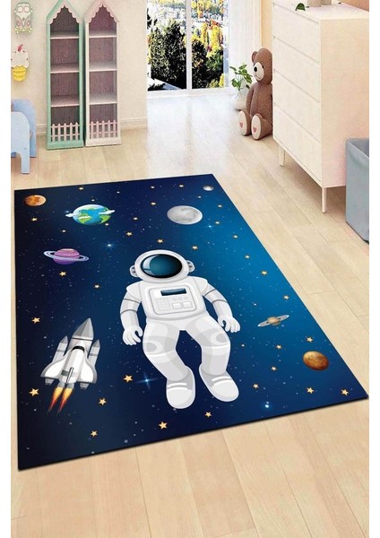 Kaymaz Taban Yıkanabilir Uzaydaki Astronot Desenli Çocuk Halısı
