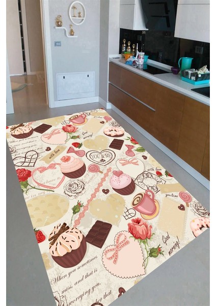Kaymaz Taban Yıkanabilir Tatlı Mutfak Tasarımlı Mutfak Halısı
