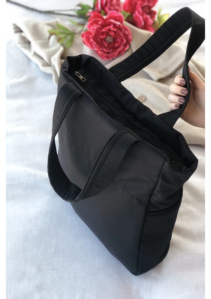 Kadın Siyah Kabartmalı Puf Kumaş Shopper Çanta fiyatları