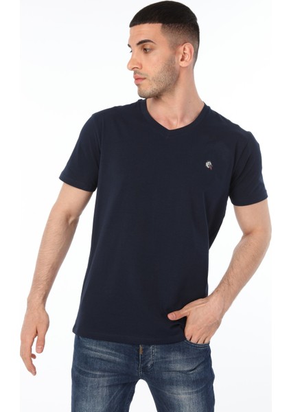 V Yaka Lacivert Renk Kangal Köpeği Logolu T-Shirt