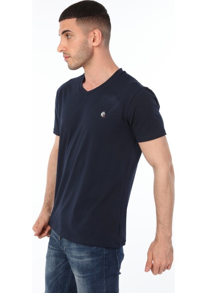 V Yaka Lacivert Renk Kangal Köpeği Logolu T-Shirt fiyatları