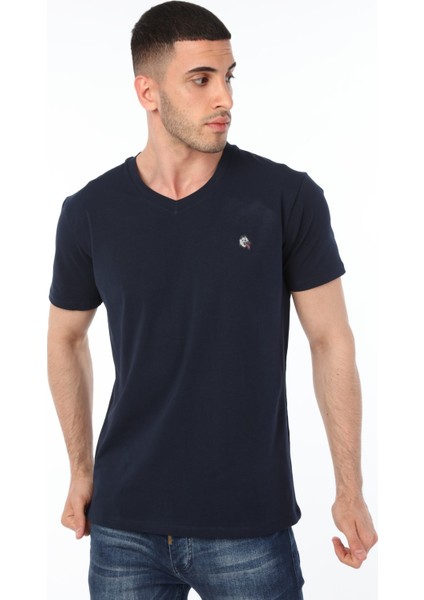 V Yaka Lacivert Renk Kangal Köpeği Logolu T-Shirt modelleri