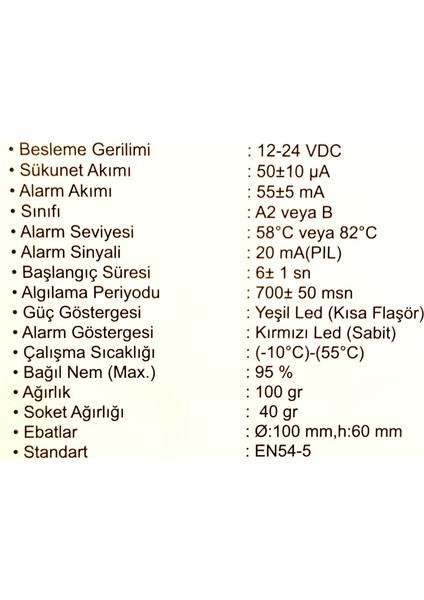 Efire Sabit Sıcaklık Dedektörü + Soket 58-82C 360 Derece Ledli