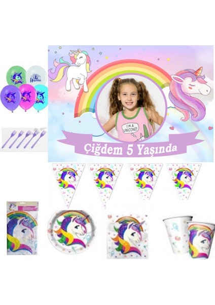 Unicorn Afiş Li Doğum Günü Süsleri Masa Seti Parti Seti Full Set 8 Kişilik Fotoğraflı