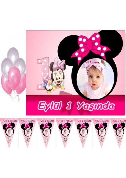 Minnie 1 Yaş Çocuğunuza Özel Fotoğraflı Afiş ve Flama Seti, Doğum Günü Süsleri 1 Yaş