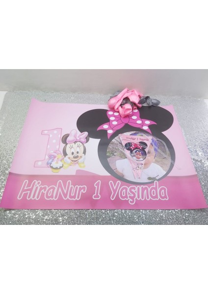 Minnie 1 Yaş Çocuğunuza Özel Fotoğraflı Afiş ve Flama Seti, Doğum Günü Süsleri 1 Yaş