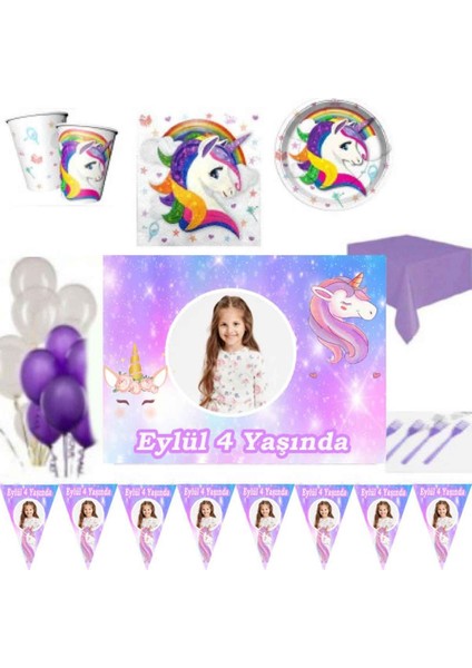 Afiş ve Flama Kişiye Özel Unicorn Ekonomik Doğum Günü Seti,parti Malzemeleri Parti Süsü 8 Kişilik