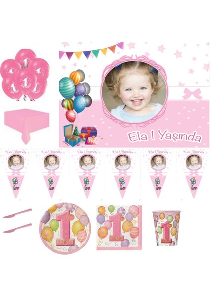Afiş Li 8 Kişilik Balonlu 1 Yaş Set 1 Yaş Doğum Günü Süsleri Kız Çocuk Pembe