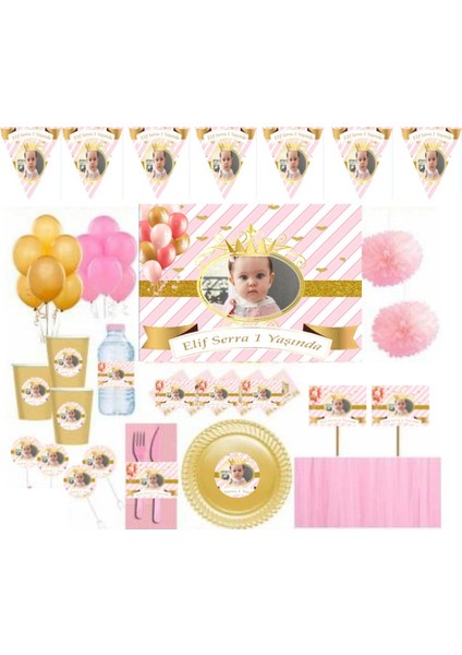 10 Kişilik Fotoğraflı Altın Full Kişiye Özel Doğum Günü Süsleme ve Sofra Seti, Parti Seti Prenses Konsept