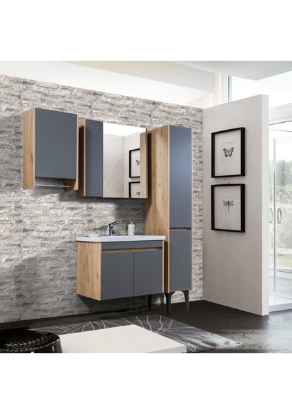 İstanbul Banyo Dolabı - 80 cm - 4'lü Set - Meşe - Fırtına Gri