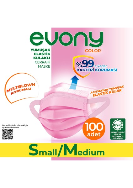 Evony Color Pembe Yumuşak Elastik Kulaklı Maske 100 Adet