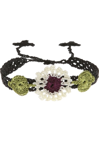 Çiçekli Ince Kordonlu Elişi Örgü Kadın Bileklik 16 cm