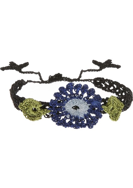 Çiçekli Ince Kordonlu Elişi Örgü Kadın Bileklik 16 cm