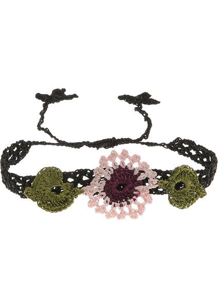 Çiçekli Ince Kordonlu Elişi Örgü Kadın Bileklik 16 cm