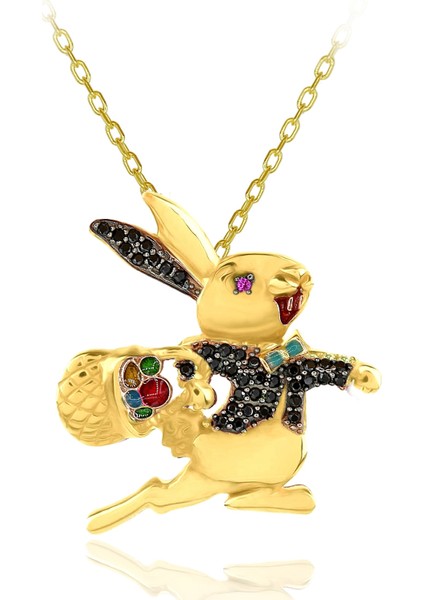 Siyah Taşlı Papyonlu Koşan Tavşan Gümüş Kolye